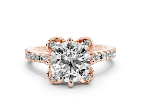 Round Cut Diamond Ring with Pavé Band and Floral Prong Setting Rose gold