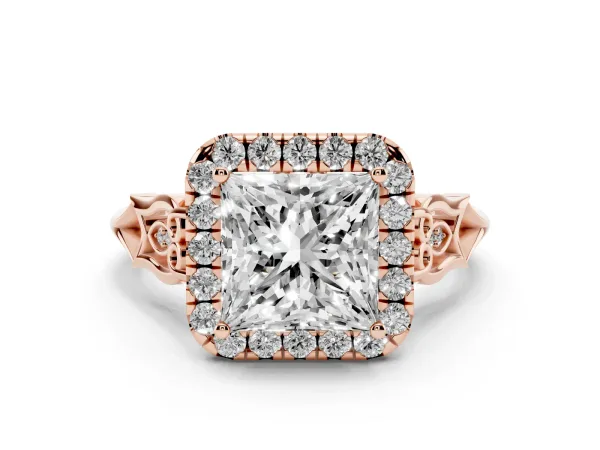 Princess Cut Halo Diamond Engagement Ring with Filigree Band and Four-Prong Setting Rose gold