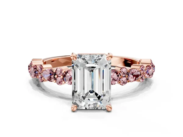 Emerald Cut Diamond Side Stone Solitaire Ring with Round Morganite and Four-Prong Setting Rose gold