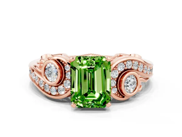 Emerald Cut Peridot Solitaire Ring with Milgrain Pavé Band and Four-Prong Setting Rose gold