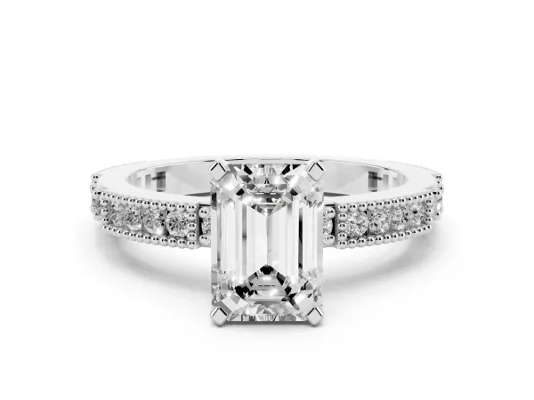Emerald Cut Solitaire with Pavé Band and Four-Prong Setting Platinum