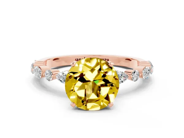 Round Cut Yellow Sapphire Ring with Marquise and Round Side Stones and Four-Prong Setting Rose gold