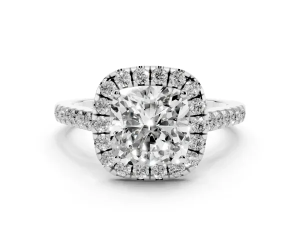 Cushion Cut Halo Pave Diamond Engagement Ring with Four-Prong Setting Platinum