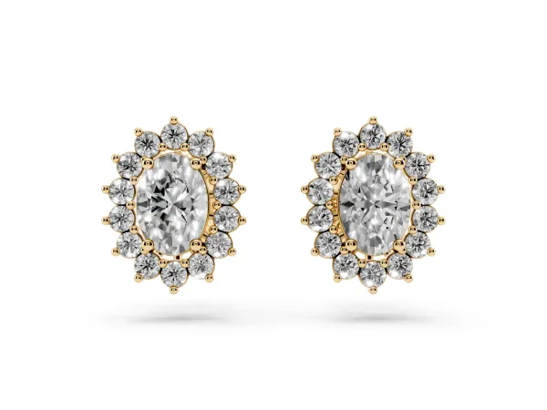 Oval Diamond Floral Halo Stud Earrings Yellow gold