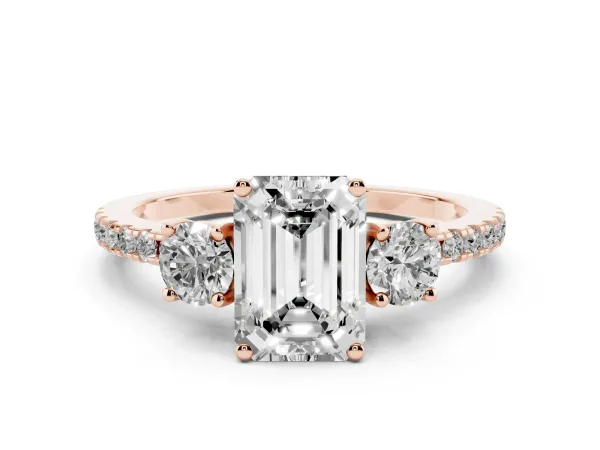 Three-Stone Emerald Cut Cut Diamond Pavé Band with Prong Setting Rose gold