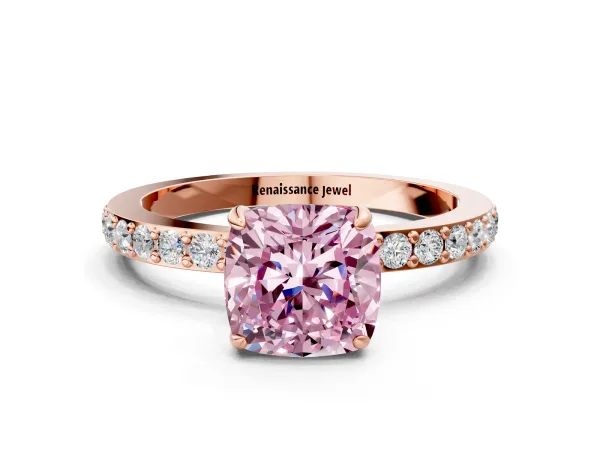 Fancy Pink Cushion Cut Diamond Solitaire Engagement Ring with Pavé Band and Four-Prong Setting Rose gold