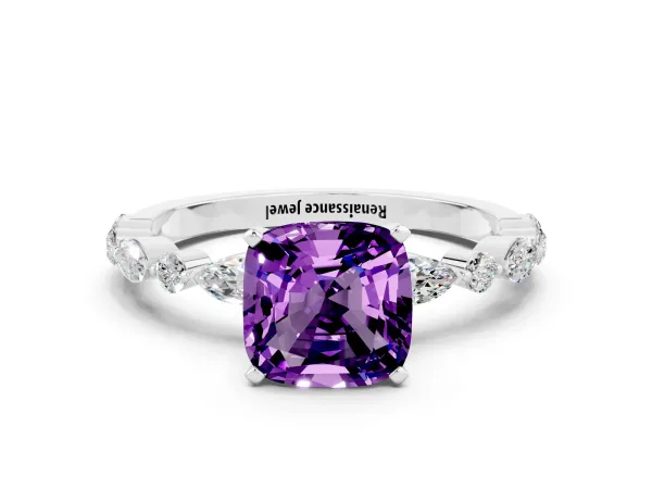 Cushion Cut Amethyst Ring with Marquise and Round Side Stones and Four-Prong Setting Platinum