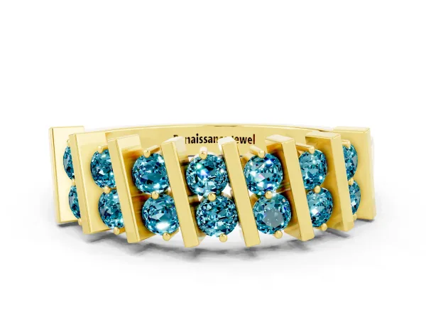 Channel Set Round Blue Topaz Anniversary Band with Vertical Prongs Yellow gold
