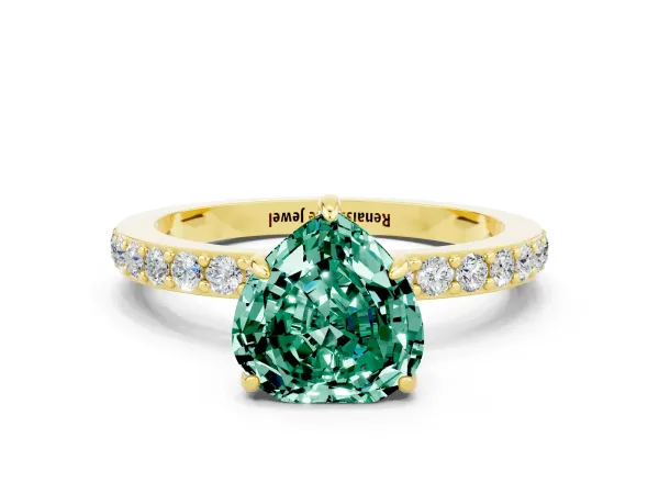 Heart Cut Green Sapphire Solitaire Engagement Ring with Pavé Band and Four-Prong Setting Yellow gold