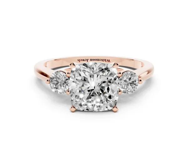 Three-Stone Cushion Cut Solitaire Ring with Tapered Band and Four-Prong Setting Rose gold