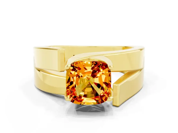 Modern Tension Set Cushion Cut Citrine Solitaire Wide Band Ring Yellow gold