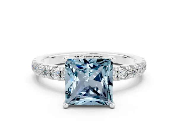Princess Cut Aquamarine Pave Band Solitaire Ring with Round and Prong Setting Platinum