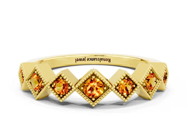 Milgrain Square Bezel Round Citrine Chevron Band Yellow gold