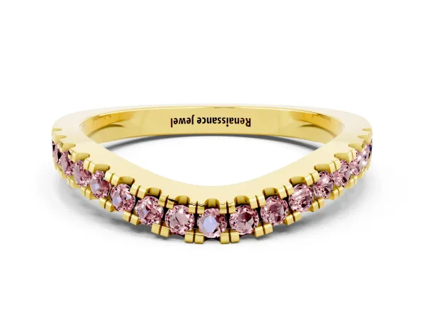 Round Morganite Pavé Curved Band with Shared Prong Setting Yellow gold