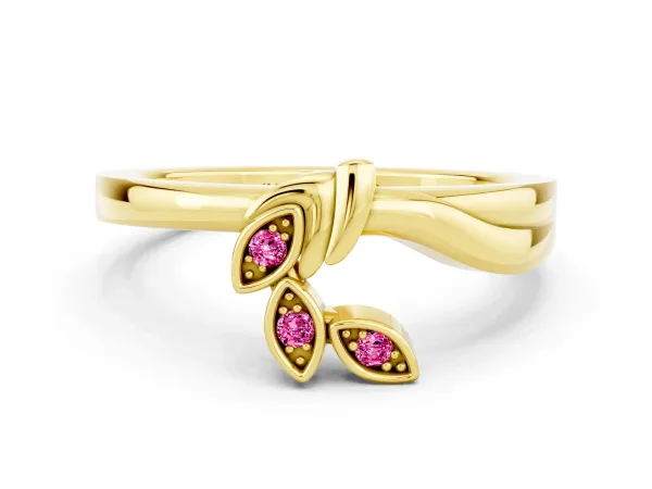 Three-Stone Round Pink Sapphire Leaf Bypass Ring with Bezel Setting Yellow gold