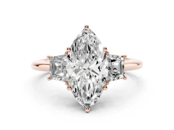 Marquise Cut Diamond Three-Stone Ring with Trapezoid Side Stones and Prong Setting Rose gold