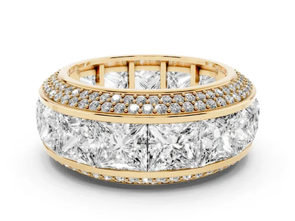 Princess Diamond Pavé Mens Wedding Band with Round Diamond Accents Yellow gold