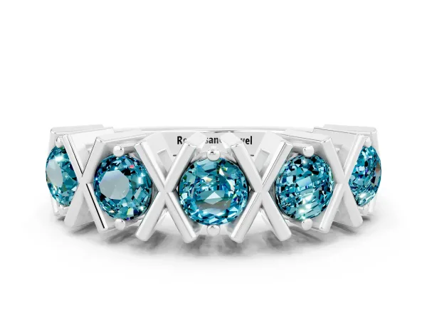 Round Blue Topaz Channel Set Band with X-Prong Detail Platinum