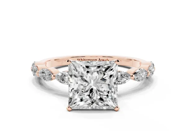 Princess Cut Diamond Ring with Marquise Side Stones and Prong Setting Rose gold