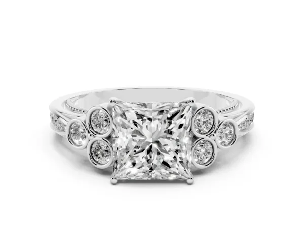 Princess Cut Cut Diamond Engagement Ring with Bezel Set Round Side Stones and Prong Setting White gold