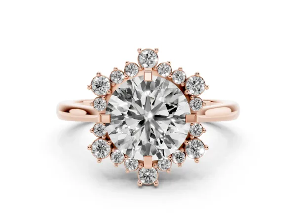 Round Cut Diamond Cluster Halo Ring with Plain Band and Four-Prong Setting Rose gold