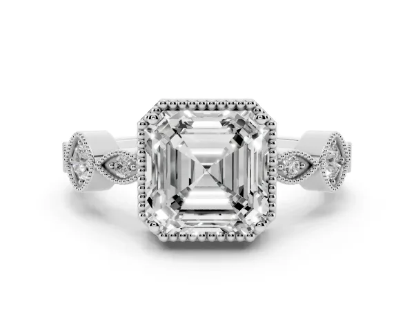Asscher Cut Diamond Vintage Milgrain Ring with Round Stations White gold