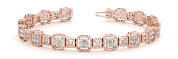 Channel Set Princess Cut Diamond Tennis Bracelet with Milgrain Detailing Rose gold