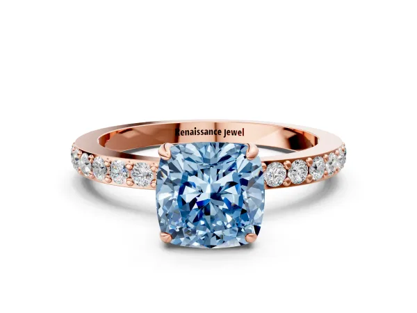 Fancy Blue Cushion Cut Diamond Solitaire Engagement Ring with Pavé Band and Four-Prong Setting Rose gold