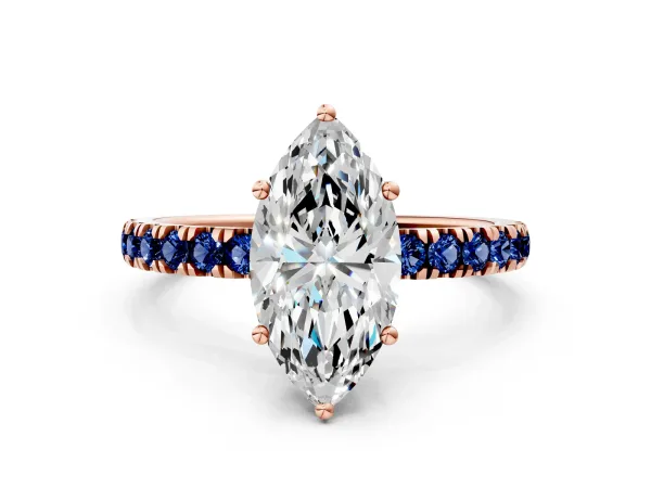 Marquise Cut Diamond Pave Band Solitaire Ring with Round Blue Sapphire and Prong Setting Rose gold