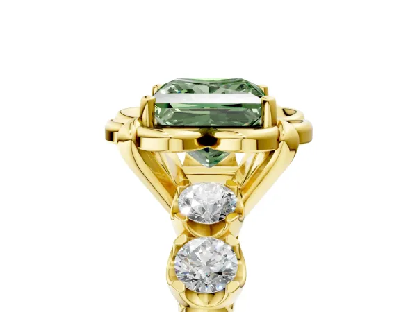 Fancy Green Princess Cut Cut Diamond Floral Halo Engagement Ring with Shared Prong Setting Yellow gold
