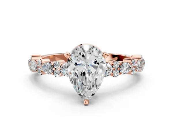 Pear Cut Diamond Side Stone Solitaire Ring with Round and Four-Prong Setting Rose gold