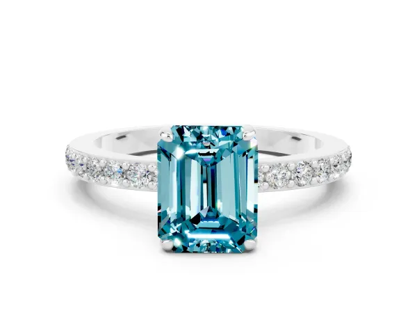 Emerald Cut Blue Topaz Solitaire Engagement Ring with Pavé Band and Four-Prong Setting Platinum