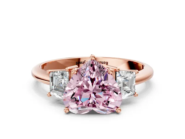 Fancy Pink Heart Cut Diamond Three-Stone Ring with Trapezoid Side Stones and Prong Setting Rose gold