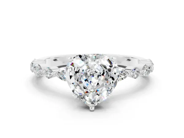 Heart Cut Moissanite Ring with Marquise and Round Side Stones and Four-Prong Setting Platinum