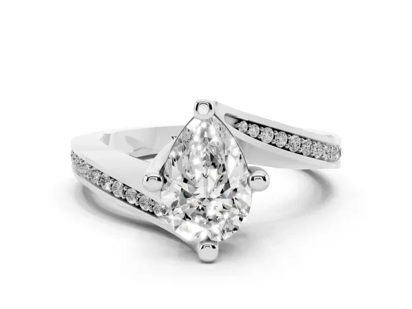 Pear Cut Solitaire Diamond Twist Band with Pavé Setting and Four-Prong Setting White gold