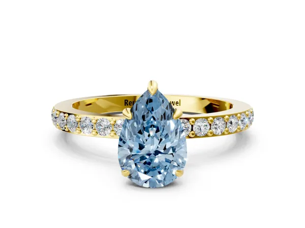 Fancy Blue Pear Cut Diamond Solitaire Engagement Ring with Pavé Band and Four-Prong Setting Yellow gold