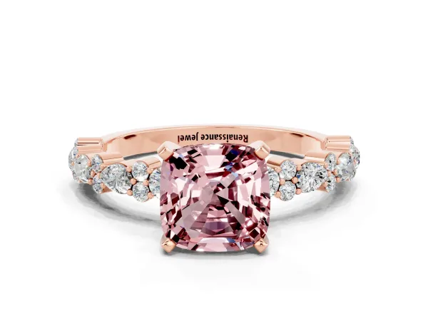 Cushion Cut Morganite Side Stone Solitaire Ring with Round and Four-Prong Setting Rose gold