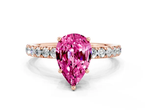 Pear Cut Pink Sapphire Pave Band Solitaire Ring with Round and Prong Setting Rose gold