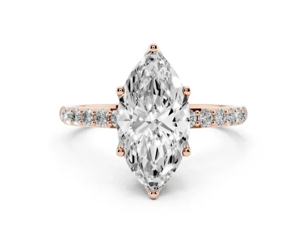 Marquise Cut Diamond Solitaire Engagement Ring with Round Pavé Band and Prong Setting Rose gold
