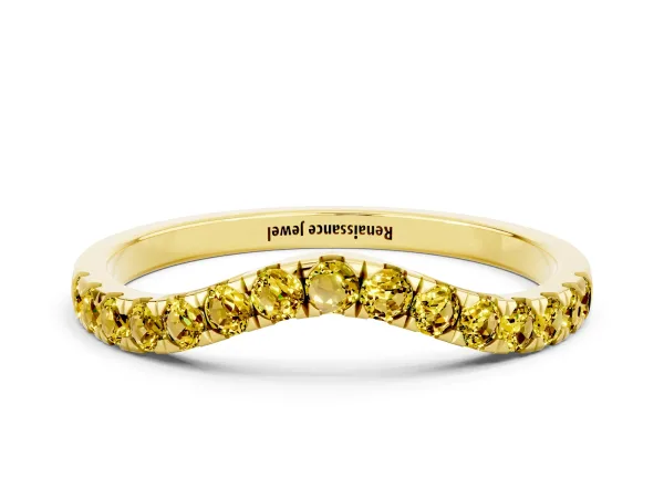 Curved Pavé Round Yellow Sapphire Wedding Band with Shared Prong Setting Yellow gold