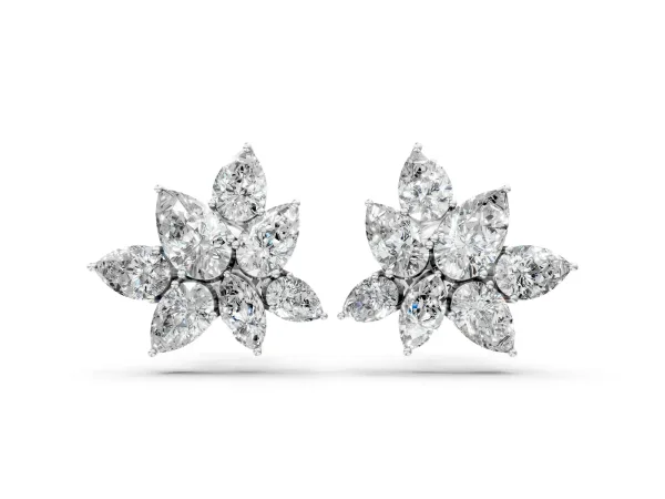 Pear and Marquise Diamond Floral Cluster Stud Earrings White gold