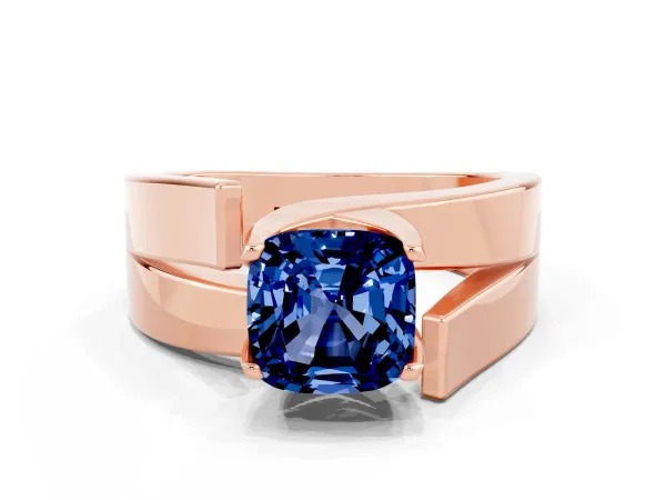 Modern Tension Set Cushion Cut Blue Sapphire Solitaire Wide Band Ring Rose gold