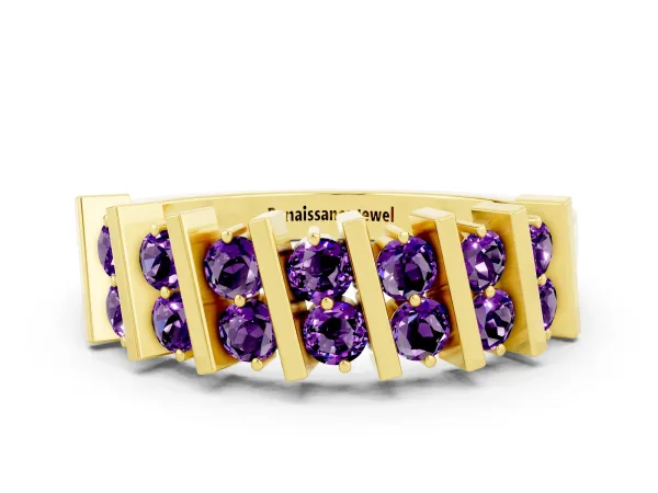Channel Set Round Amethyst Anniversary Band with Vertical Prongs Yellow gold
