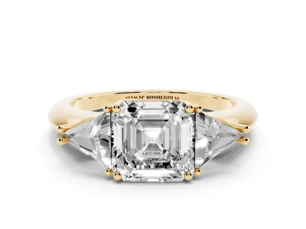 Three-Stone Asscher Cut Diamond Engagement Ring with Trillion Side Stones and Prong Setting Yellow gold