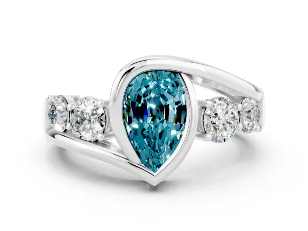 Bezel Set Pear Cut Blue Topaz Bypass Ring with Round Accents Platinum