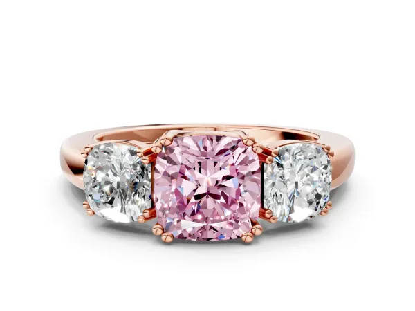 Fancy Pink Three-Stone Cushion Cut Cut Diamond Ring with Channel Set Band and Four-Prong Setting Rose gold