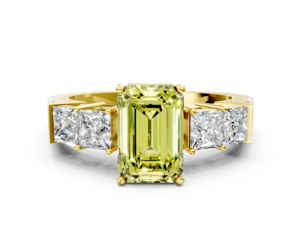 Fancy Yellow Emerald Cut Solitaire Princess Side Stone Engraved Band Prong Setting Ring Yellow gold