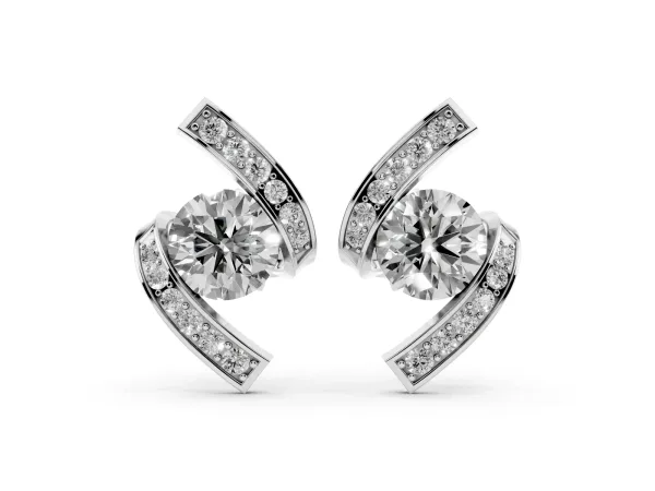Round Diamond Curve Wave Stud Earrings Platinum