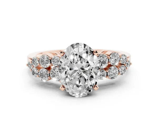 Oval Cut Cluster Diamond Engagement Ring with Pavé Band and Four-Prong Setting Rose gold