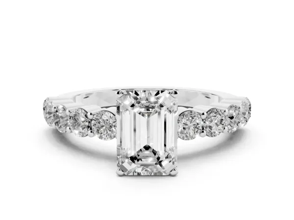 Emerald Cut Diamond Solitaire Ring with Shared Prong Round Side Stones White gold
